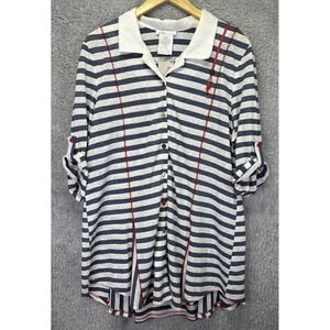 Zoe by Michael Phillips Women's XXL Blue White Button Up Tunic Lagenlook Coastal
